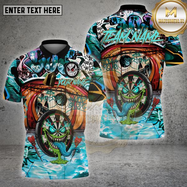 Wild graffiti-style darts shirt featuring a manic dartboard face with a long green tongue and angry dart characters.
