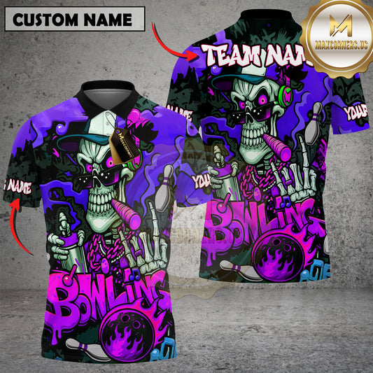 Maxcorners Bowling Shirt Skeleton Graffiti Flames Style Multicolor Options Personalized Name, Team Name Unisex 3D Shirt (4 Colors)