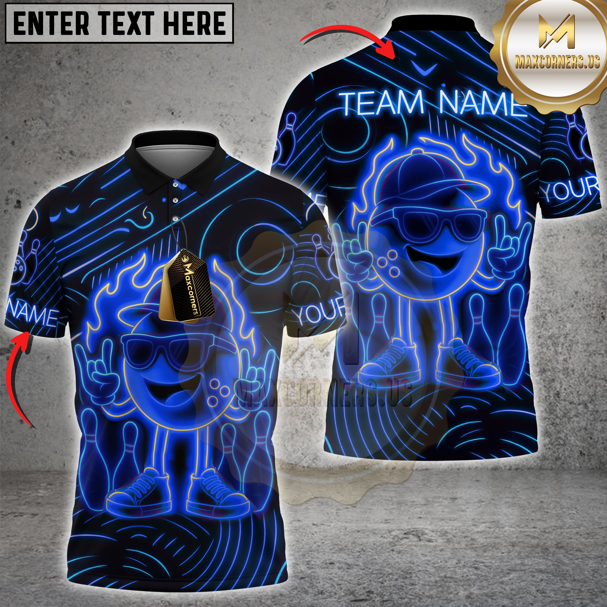 Hyperpop bowling shirt with flaming neon cartoon bowling ball, Rock n' Roll style, multicolor options, personalized name and team name, 3D unisex shirt