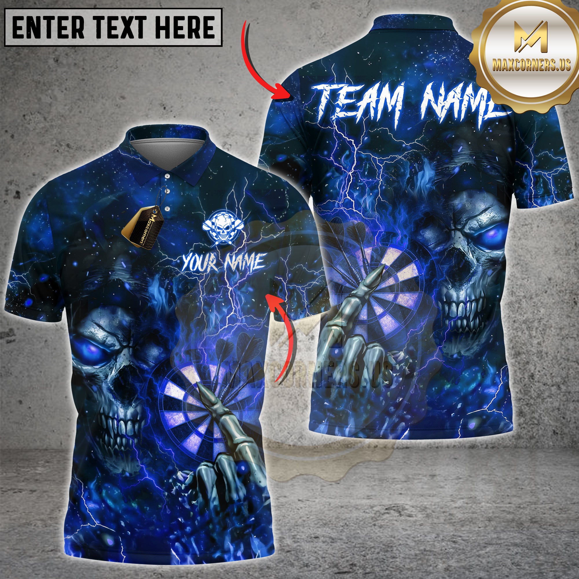 Maxcorners darts shirt with dark skeleton and dartboard lightning design, custom unisex 3D polo for teams