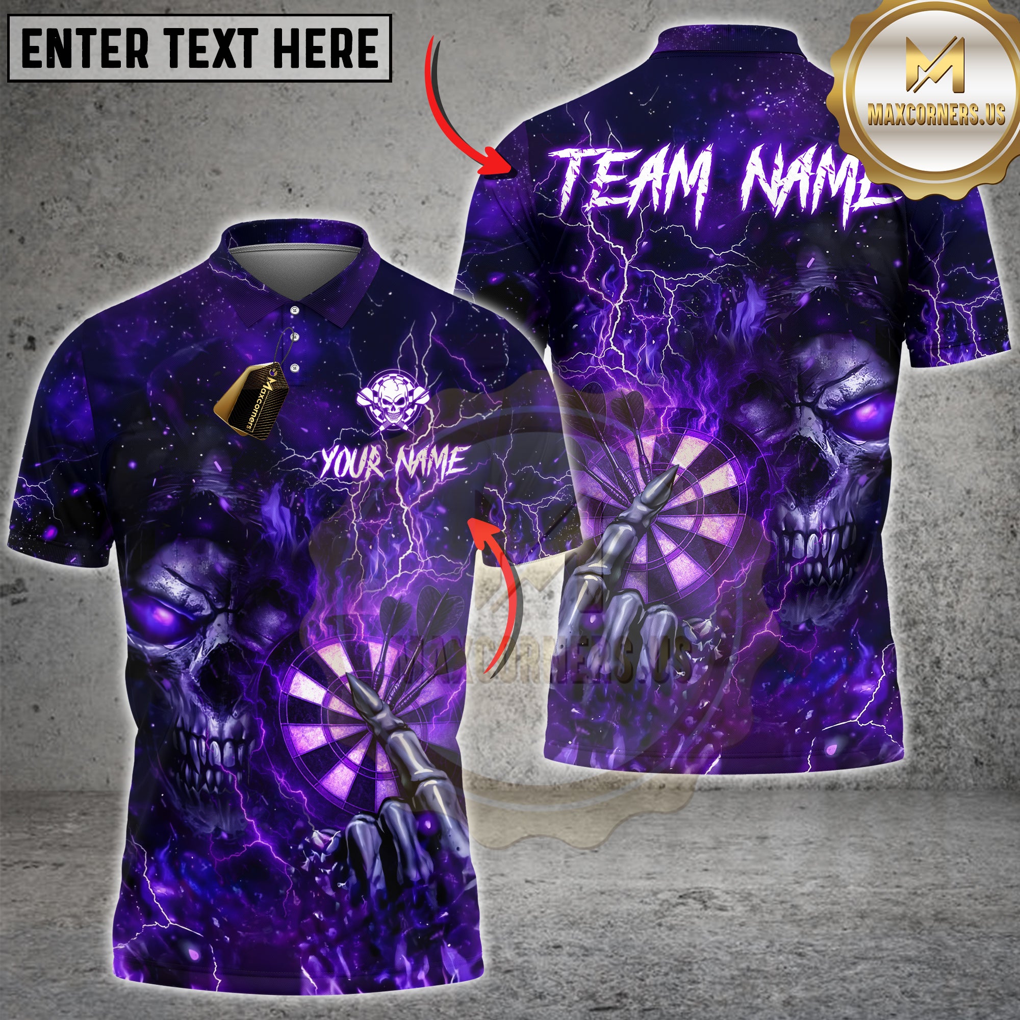 Maxcorners darts shirt with dark skeleton and dartboard lightning design, custom unisex 3D polo for teams