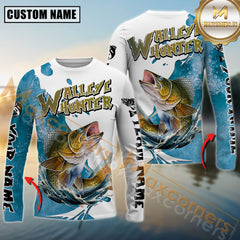 Maxcorners Walleye Hunter Fishing Graphic Splash Effect Personalized Name, Team Name Long Sleeve Shirt