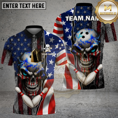 Maxcorners Bowling Skull Blue Flame American Flag Personalized Name, Team Name 3D Shirt