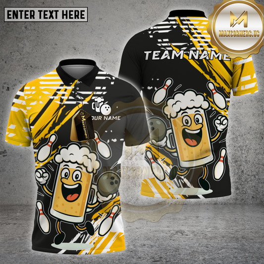 Maxcorners Bowling Shirt Happy Beer Mug Dancing Pose Multicolor Options Personalized Name, Team Name 3D Shirt (4 Colors)