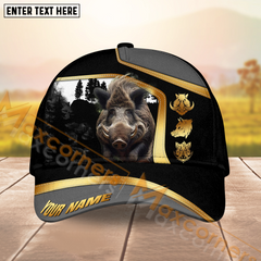 Maxcorners Forest Hunting Black Grey With Line Gold Pattern Design Personalized Name 3D Cap (Deer/Moose/Elk/Turkey/Boar/Duck)