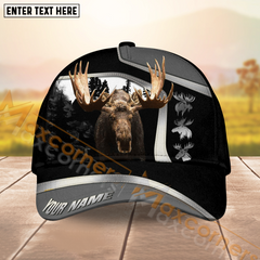 Maxcorners Forest Hunting Black Grey With Line Silver Pattern Design Personalized Name 3D Cap (Deer/Moose)
