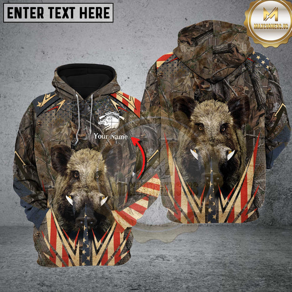 Maxcorners Boar Hunting Antler Grass Brown Camo Forest USA Flag Pattern Custom Name Shirt 3D All Over Printed Clothes