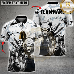 Bowling Bear Shirt Custom Name – Panda with Flaming Bowling Pins and Ball 3D Strike Design Jersey
