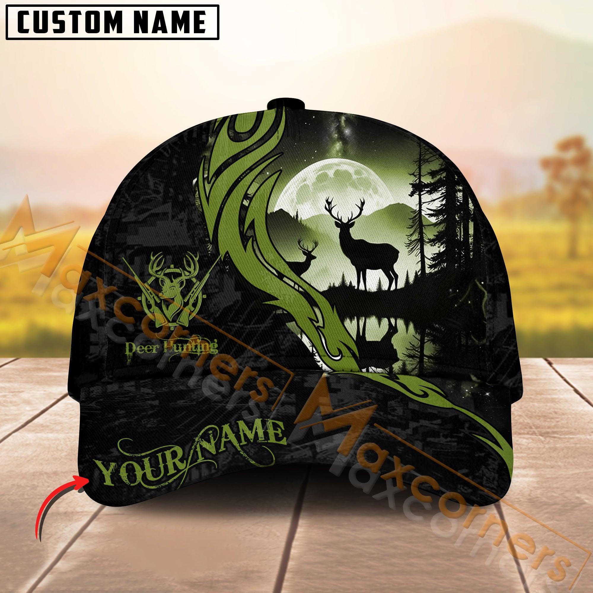 Sunset Deer Silhouette Hunting Hat Personalized Name – Moss Green Moon Forest Camo Cap for Hunters