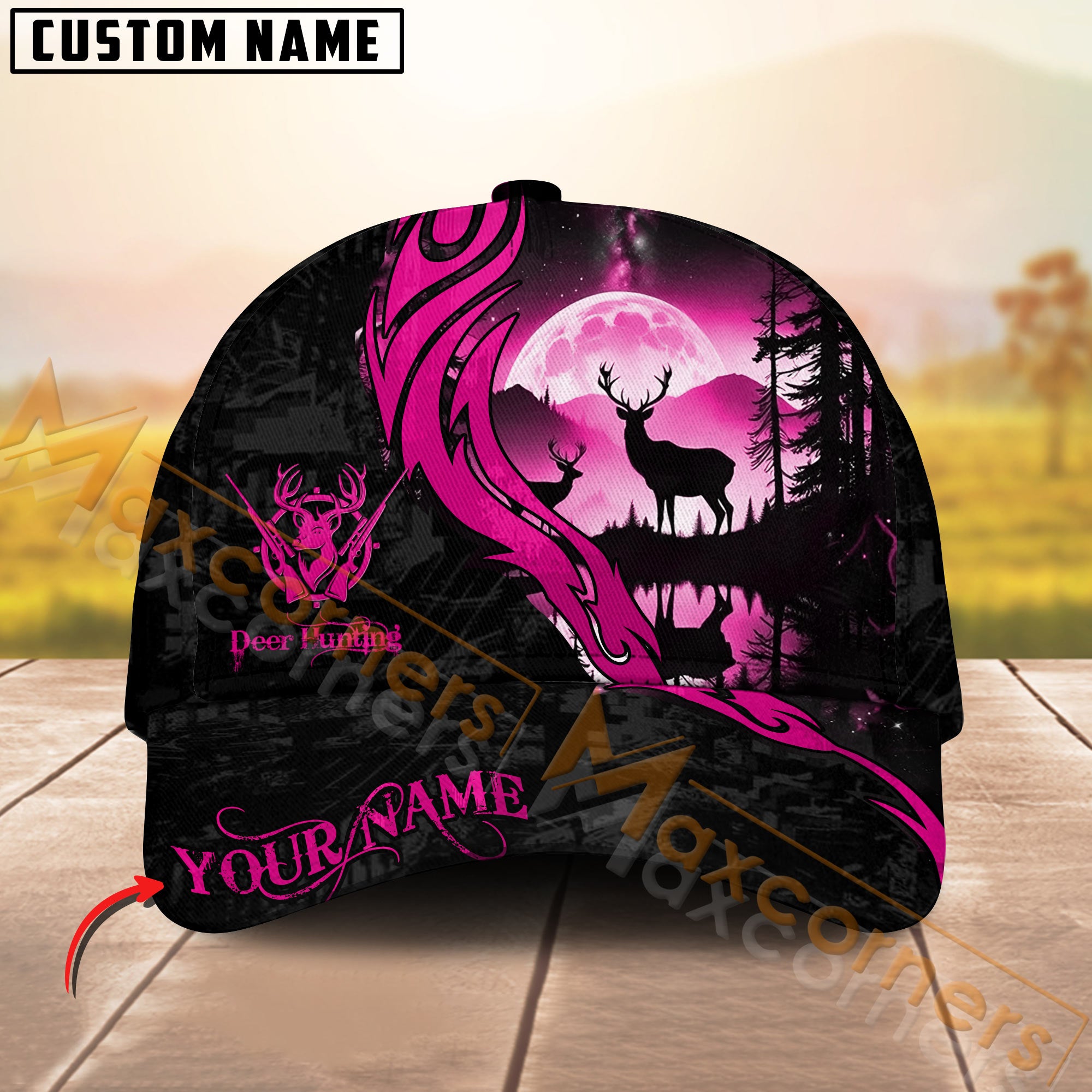 Sunset Deer Silhouette Hunting Hat Personalized Name – Pink Moon Forest Camo Cap for Hunters
