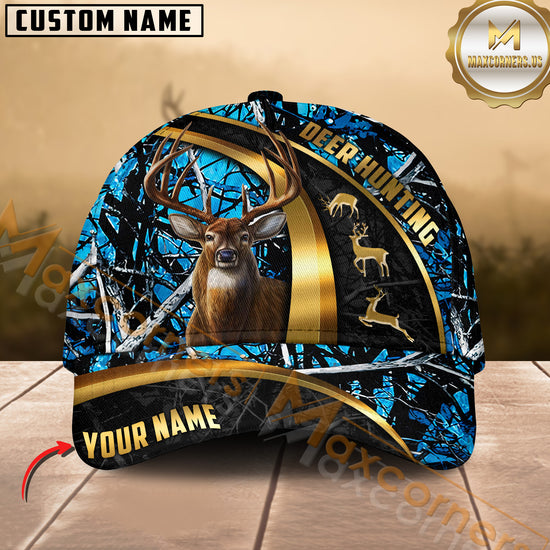 Custom Deer Hunting Hat Blue Camo with Buck and Antlers Graphic – Personalized Name Outdoor Hunter Cap