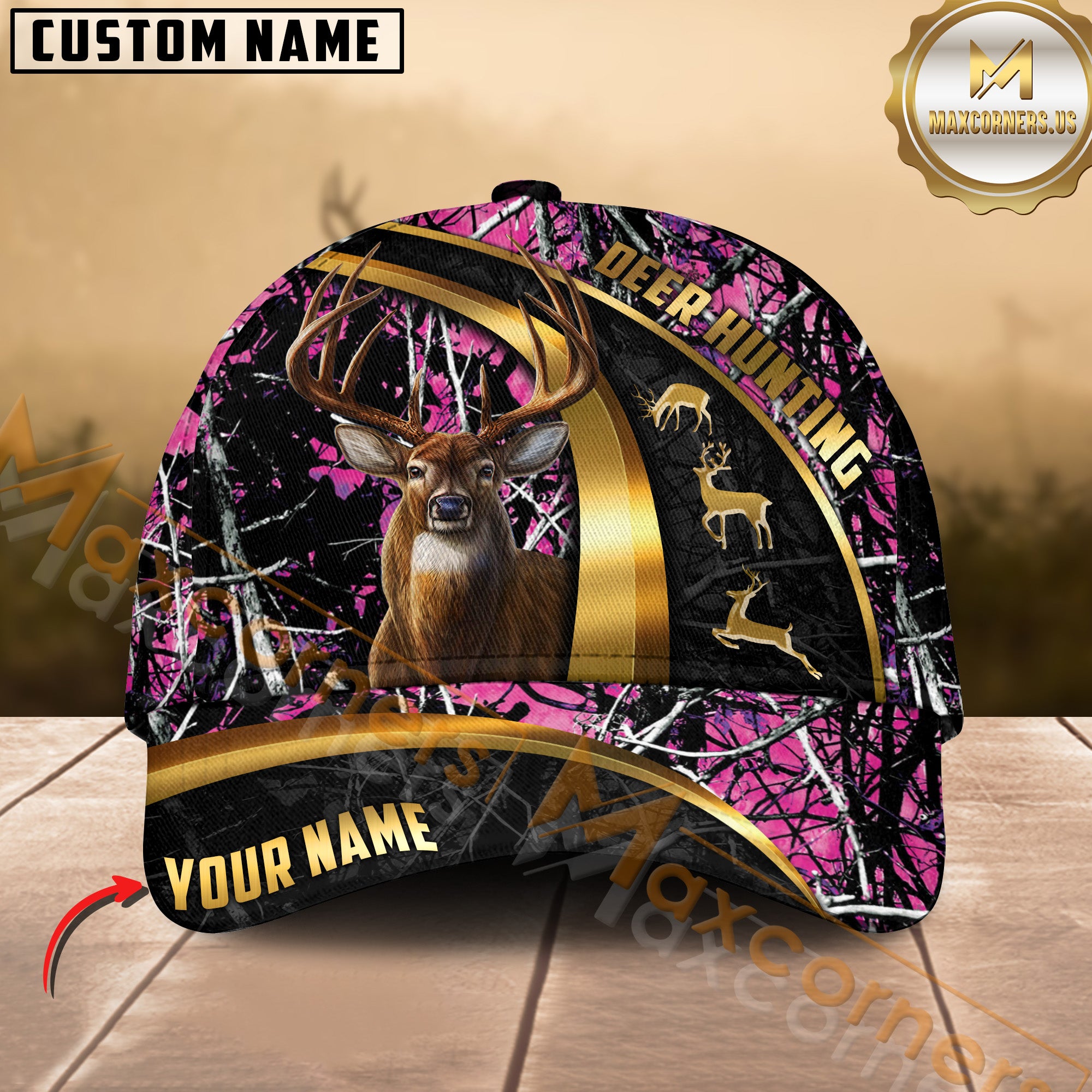 Custom Deer Hunting Hat Pink Camo with Buck and Antlers Graphic – Personalized Name Outdoor Hunter Cap