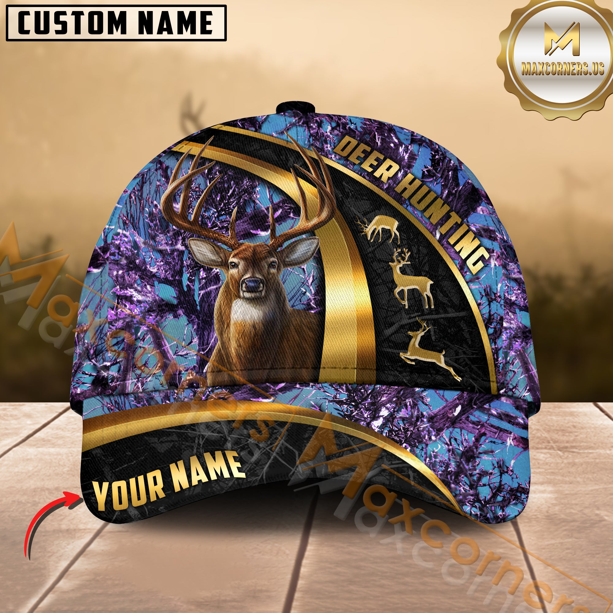 Custom Deer Hunting Hat Purple Camo with Buck and Antlers Graphic – Personalized Name Outdoor Hunter Cap