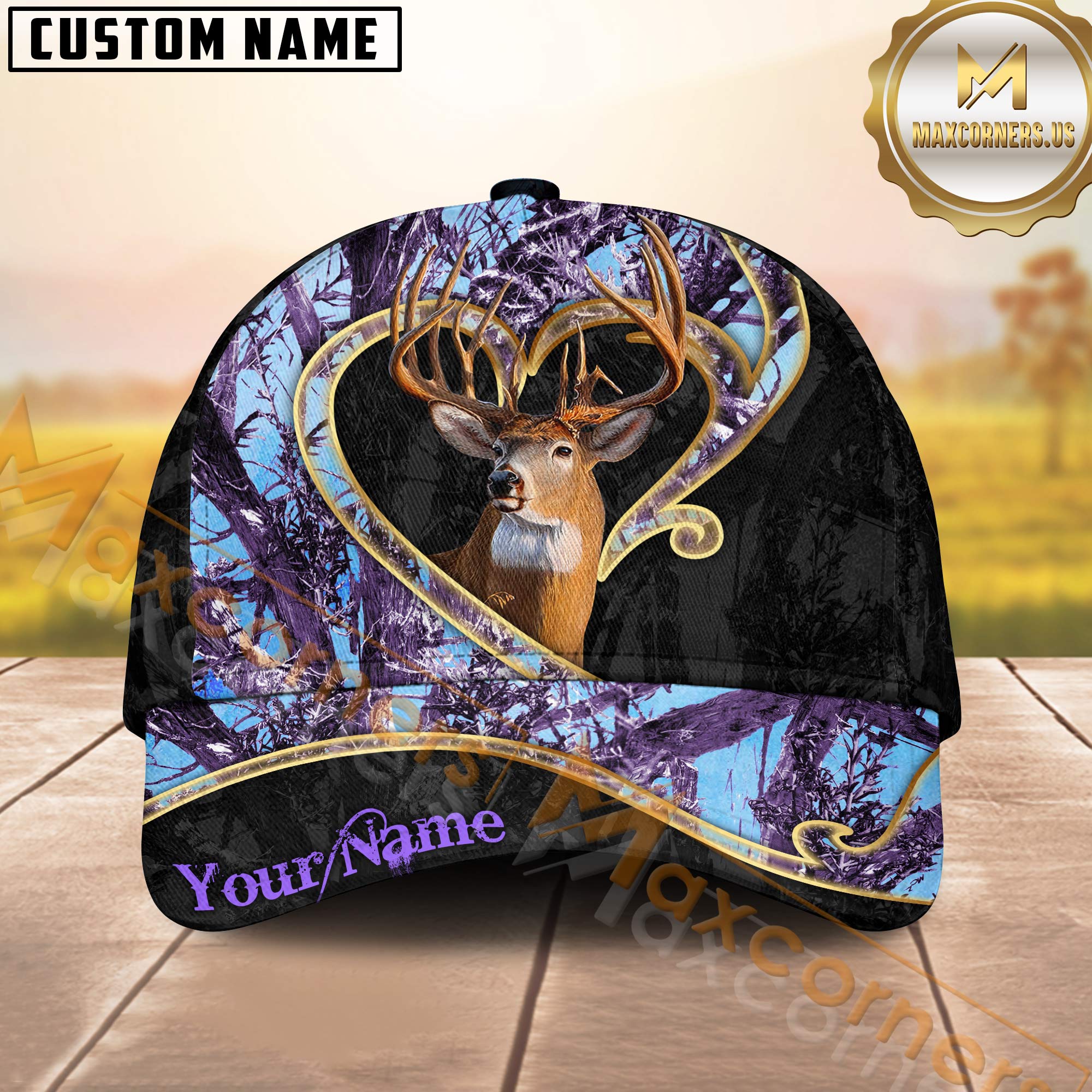 Heart Buck Deer Hunting Hat Purple Camo Custom Name – Romantic Hunter Cap Gift for Him or Her