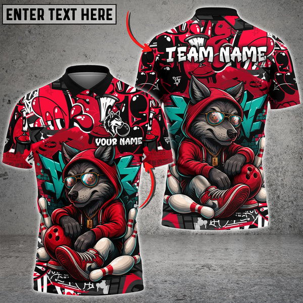 Urban streetwear bowling shirt with a graffiti background, featuring a relaxed cartoon wolf in a red hoodie holding a bowling ball.