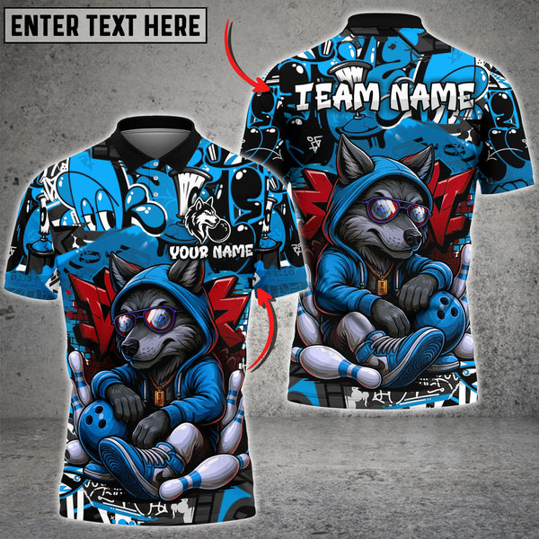 Urban streetwear bowling shirt with a graffiti background, featuring a relaxed cartoon wolf in a red hoodie holding a bowling ball.