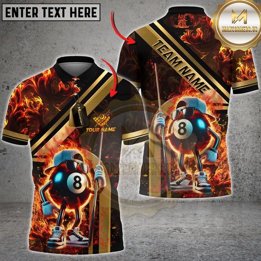 Maxcorners Billiards Shirt Cool 8 Ball Cartoon Fire Flames Golden Line Style Multicolor Options Personalized Name, Team Name Unisex 3D Shirt (4 Colors)