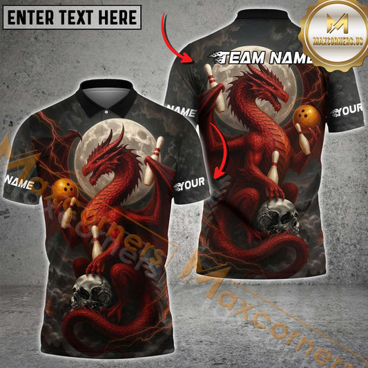 Maxcorners Bowling Shirt Moonlight Blue Dragon Skull Style Multicolor Options Personalized Name, Team Name 3D Shirt (4 Colors)