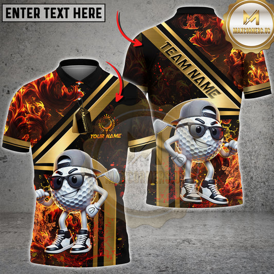Maxcorners Golf Shirt Cartoon Golf Ball Fire Flames Golden Line Style Multicolor Options Personalized Name, Team Name Unisex 3D Shirt (4 Colors)
