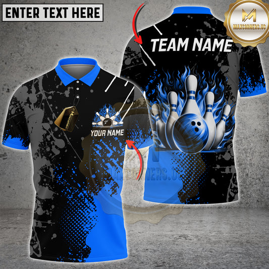 Maxcorners Bowling Shirt Flame Ball & Pin Splash Design Multicolor Options Personalized Name, Team Name 3D Shirt (4 Colors)
