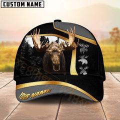 Maxcorners Forest Hunting Black Pattern Line Gold Mix Silver Logo Pattern Design Personalized Name 3D Cap (Deer/Moose/Elk/Turkey/Boar/Duck)