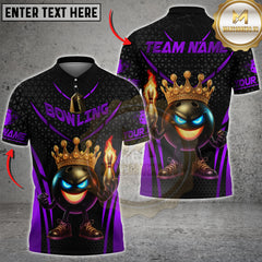 Black and gold bowling shirt with a cartoon king bowling ball holding a flaming pin, wearing a golden crown.