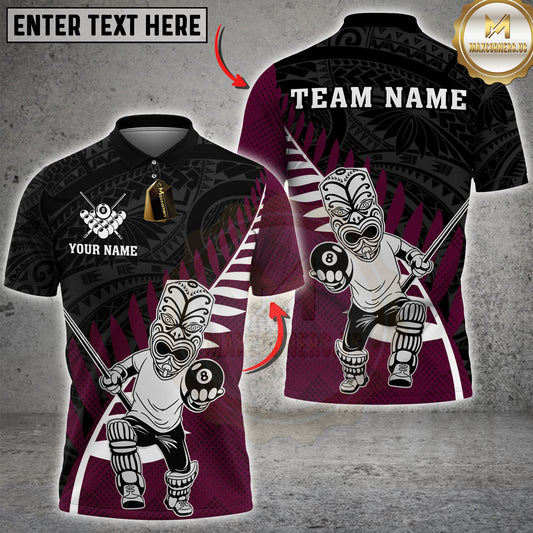 Tribal-themed billiards shirt with a Maori warrior holding a cue and 8-ball. Golden tribal patterns and bold cultural elements.