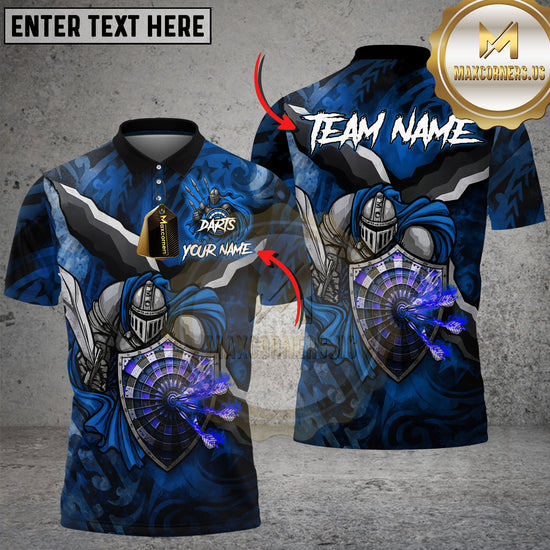 Medieval knight-themed darts shirt with flaming darts striking a shield-shaped dartboard. Fiery red and black design.