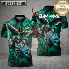 Medieval knight-themed darts shirt with flaming darts striking a shield-shaped dartboard. Fiery red and black design.