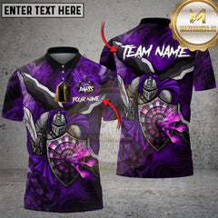 Medieval knight-themed darts shirt with flaming darts striking a shield-shaped dartboard. Fiery red and black design.