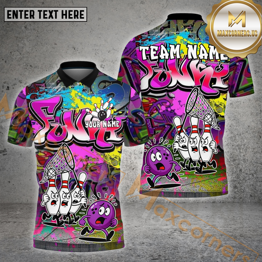 Maxcorners Bowling Shirt Funky Graffiti Pins Chase Ball Design Multicolor Options Personalized Name, Team Name 3D Shirt (4 Colors)