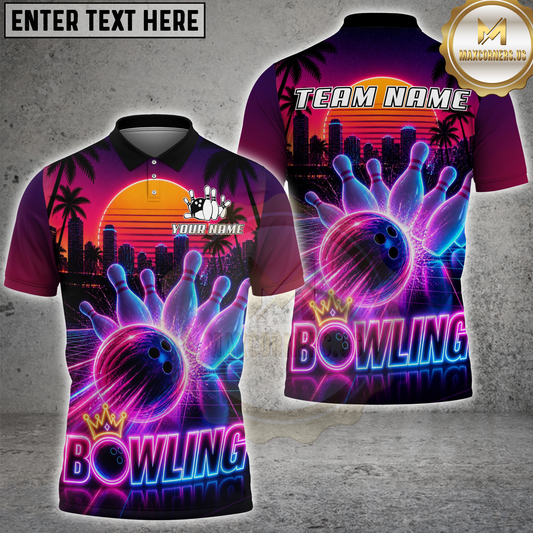 Maxcorners Retro Bowling Neon Sunset City Multicolor Options Personalized Name, Team Name 3D Shirt (4 Colors)