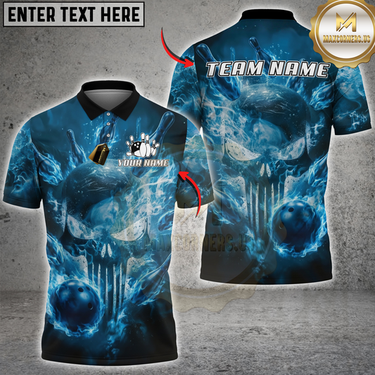 Maxcorners Bowling Skull Flame Multicolor Options Personalized Name, Team Name 3D Shirt (4 Colors)