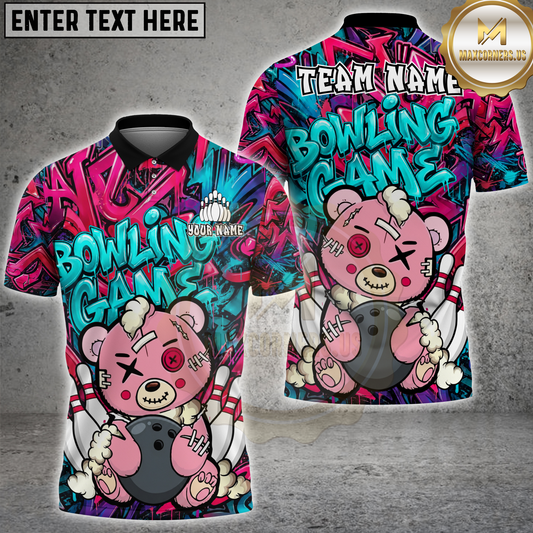 Maxcorners Bowling Cute Horror Bear Graffiti Multicolor Options Personalized Name, Team Name 3D Shirt (4 Colors)