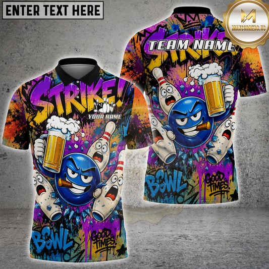 Maxcorners Bowling Strike Cartoon Beer Party Multicolor Options Personalized Name, Team Name 3D Shirt (4 Colors)
