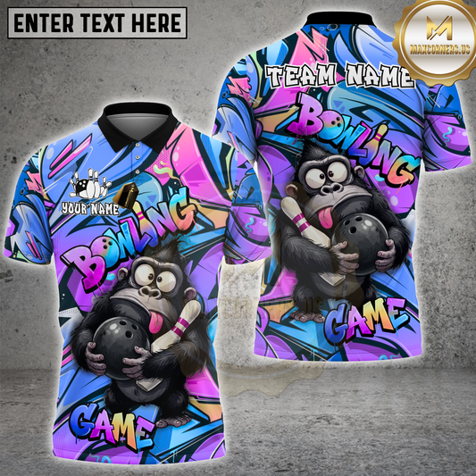 Maxcorners Bowling Funny Gorilla Graffiti Multicolor Options Personalized Name, Team Name 3D Shirt (4 Colors)