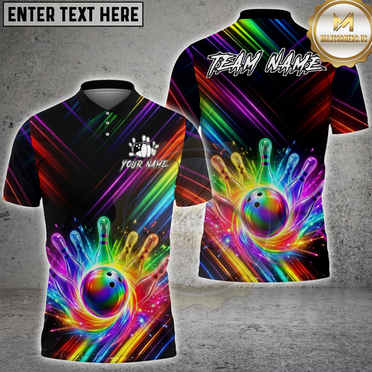 Maxcorners Bowling Rainbow Colorful Bowling Ball And Pins Personalized Name, Team Name 3D Shirt