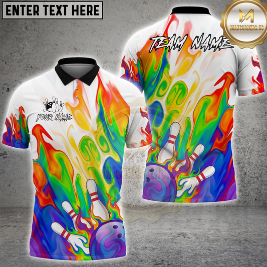 Maxcorners Bowling Rainbow Ball And Pins Fire Personalized Name, Team Name 3D Shirt