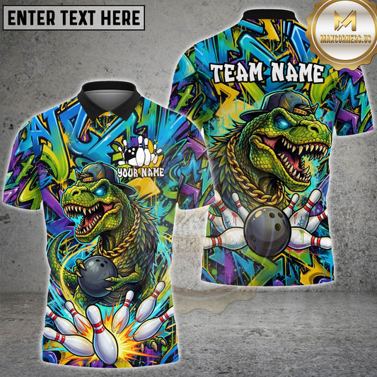 Maxcorners Bowling Dinosaur Graffiti Street Art Multicolor Options Personalized Name, Team Name 3D Shirt (4 Colors)