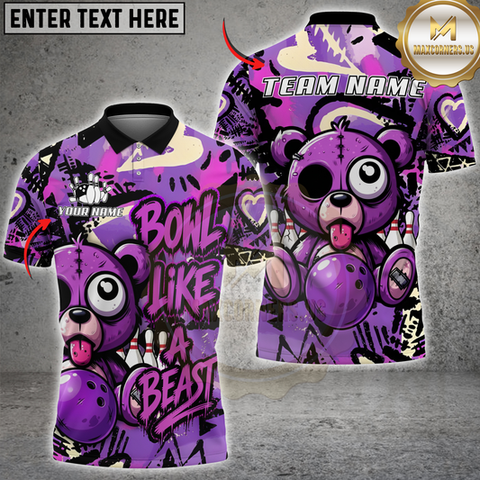 Maxcorners Bowling Graffiti Bear Multicolor Options Personalized Name, Team Name 3D Shirt (4 Colors)