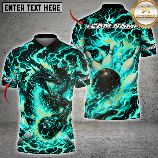 Maxcorners Fierce Dragon Bowling Flaming Strike Multicolor Options Personalized Name, Team Name 3D Shirt (4 Colors)