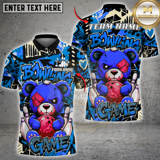 Maxcorners Bowling Teddy Bear Graffiti Multicolor Options Personalized Name, Team Name 3D Shirt (6 Colors)