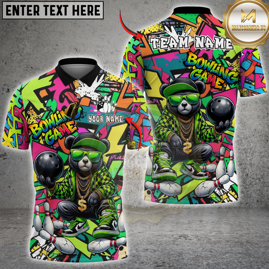 Maxcorners Bowling Bear Streetwear Graffiti Multicolor Options Personalized Name, Team Name 3D Shirt (4 Colors)