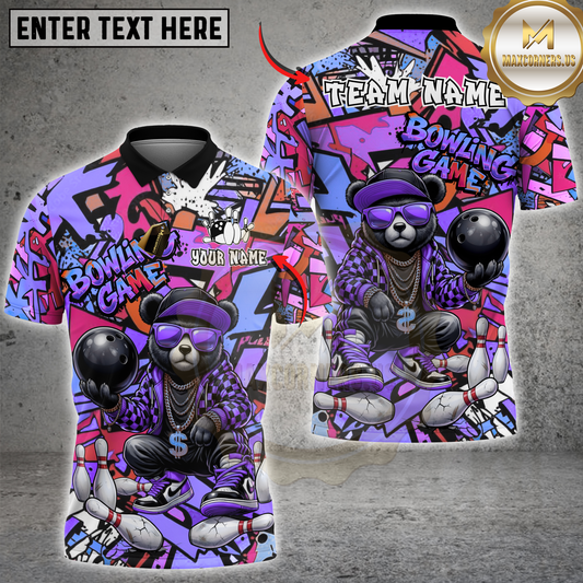 Maxcorners Bowling Bear Streetwear Graffiti Multicolor Options Personalized Name, Team Name 3D Shirt (4 Colors)