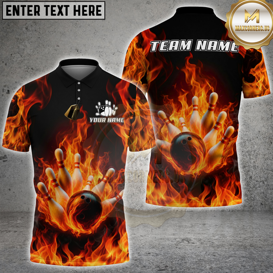 Maxcorners Bowling Flaming Strike Burst Multicolor Options Personalized Name, Team Name 3D Shirt (4 Colors)