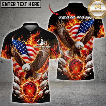 Maxcorners Patriotic Bowling Bald Eagle Fireball USA Flag Personalized Name, Team Name 3D Shirt