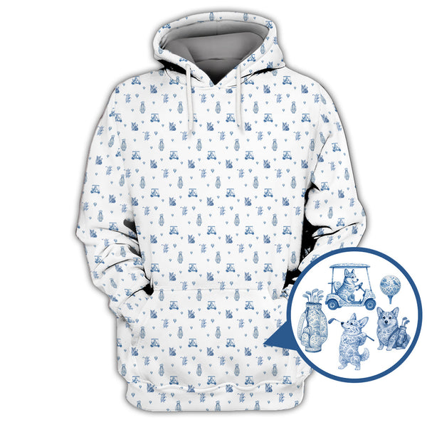 Maxcorners Toile De Jouy Shirt, Pattern Polf Shirt, Dog Golf Shirt, Corgi Golf Shirt, Crazy Golf Shirt For Men