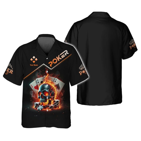 Custom Poker-Themed T-Shirt with Fiery Skull, Aces and Poker Chips Design, Poker T Shirts