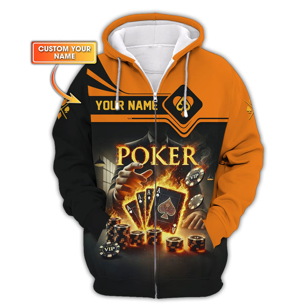 Custom Name Poker Four Of A Kind Aces On Fire T-Shirt, Aces and Poker Chips Design