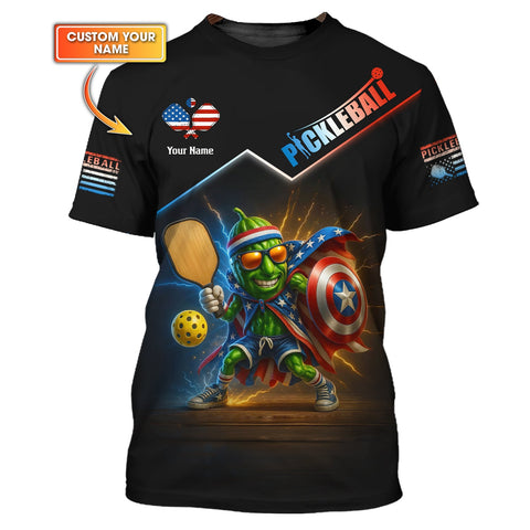 Maxcorners Custom Name Pickleball Shirt – USA Flag Pickle Hero Design – Funny Patriotic Tee for Players